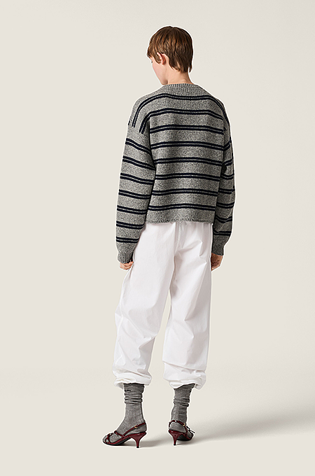 Miu Miu Striped Wool Cardigan with Logo Patch & Gold Buttons – Grey/Navy