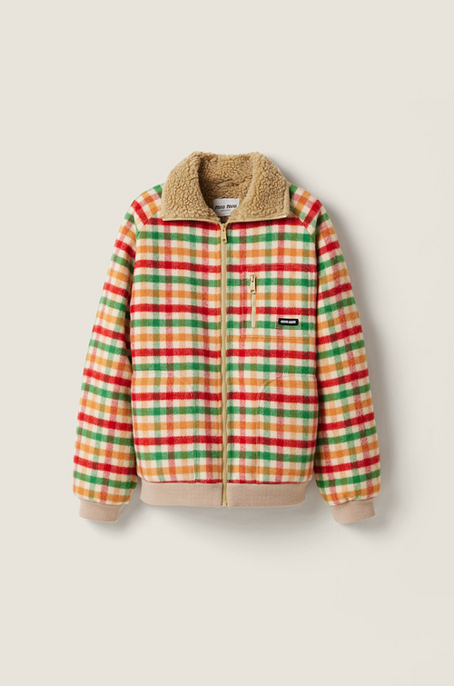 Miu Miu Vintage Check Shearling-Collar Teddy Jacket