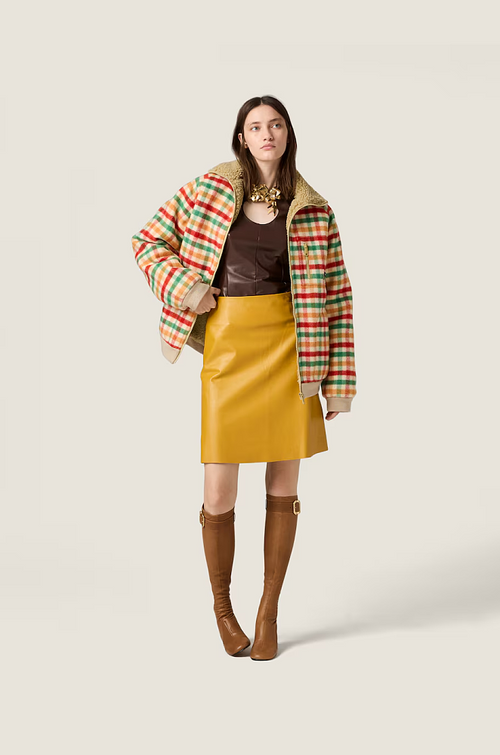 Miu Miu Vintage Check Shearling-Collar Teddy Jacket