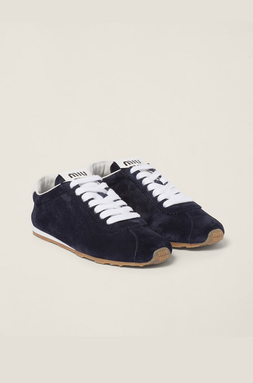 Miu Miu Plume Suede Low-Profile Sneakers – Marine Nuit