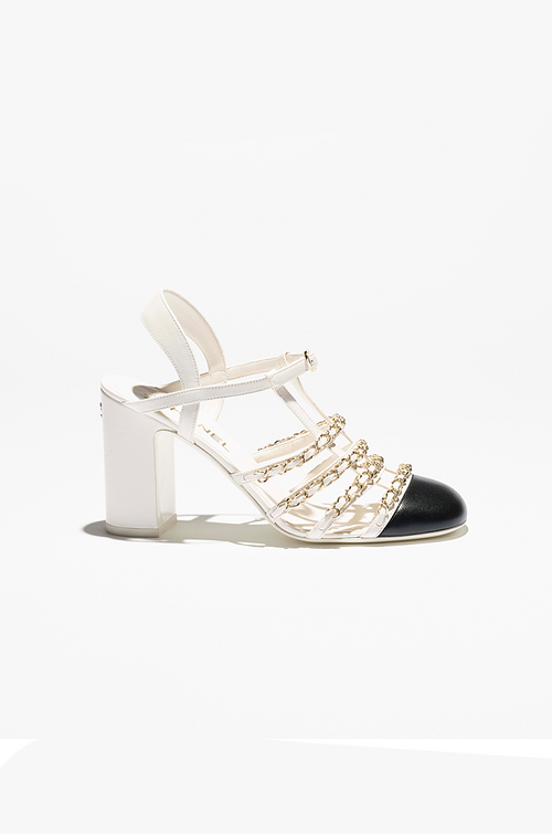 Chanel “Élise de Chaîne Blanche” Two-Tone Chain-Strap Heels