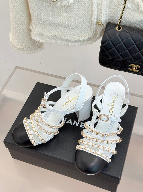 Chanel “Élise de Chaîne Blanche” Two-Tone Chain-Strap Heels