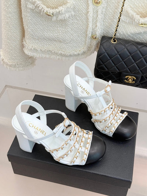 Chanel “Élise de Chaîne Blanche” Two-Tone Chain-Strap Heels