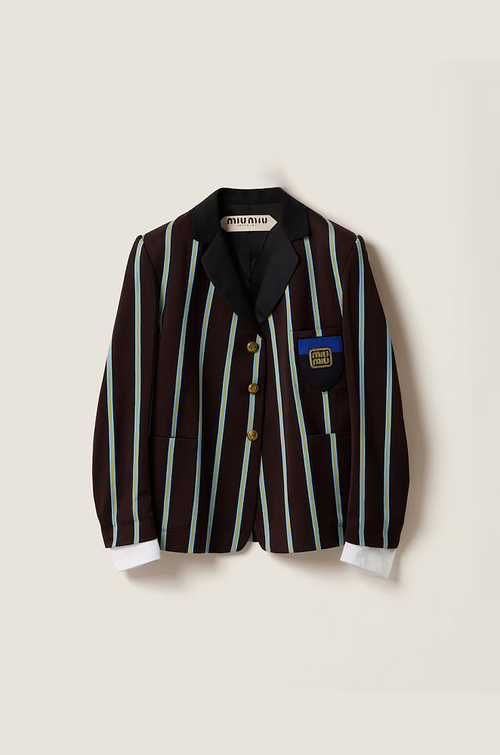 “Académie Royale” Miu Miu Stripe Emblem Blazer — Tailored Midnight Oxford Jacket