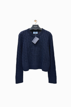 “Marina di Notte” Prada Midnight Cable-Knit Monogram Sweater — Navy Wool Atelier Edition