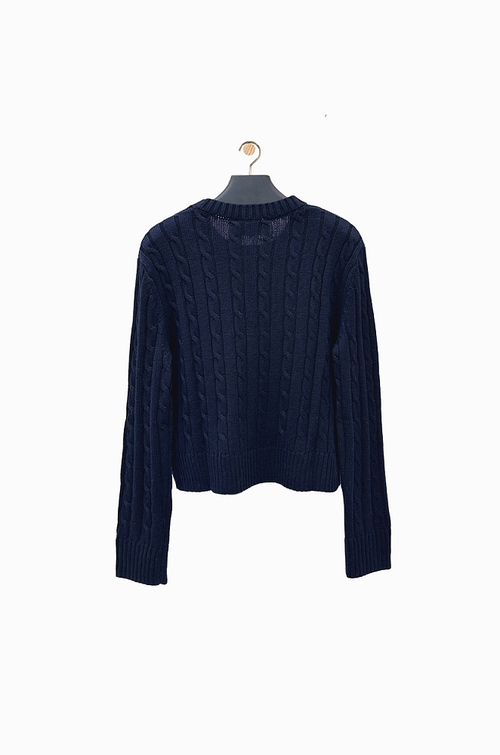 “Marina di Notte” Prada Midnight Cable-Knit Monogram Sweater — Navy Wool Atelier Edition