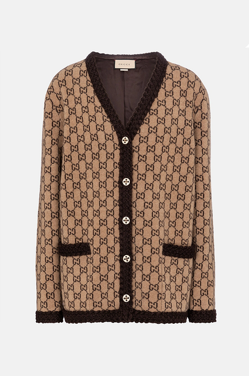 Casa Reale” Gucci GG Monogram Heritage Cardigan — Camel Wool Icon Edition