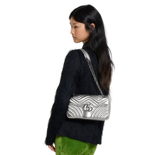 Gucci “Argento Divino” Marmont Medium Shoulder Bag -Metallic Silver Chevron Edition