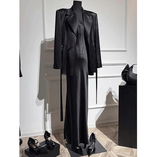 “L’Esprit Sombre” – Satin Silhouette & Tailored Blazer Set (Noir Edition)