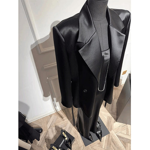 “L’Esprit Sombre” – Satin Silhouette & Tailored Blazer Set (Noir Edition)