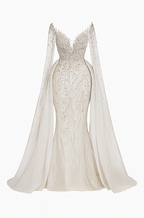 “Empress” Crystal-Embellished Off-Shoulder Gown with Regal Draped Trains