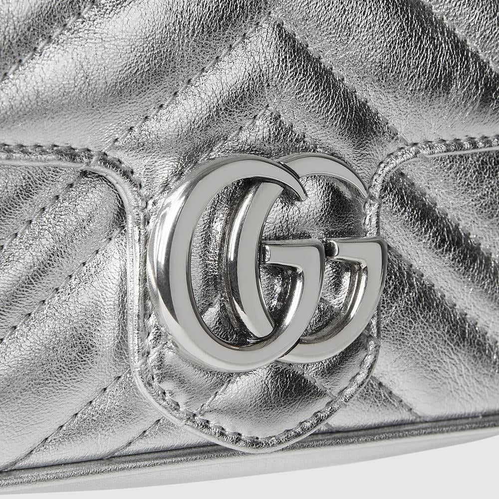 Gucci Marmont Mini Shoulder Bag — Metallic Silver Quilted Leather
