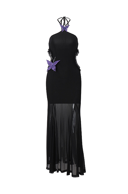 “Nocturnal Monarch” Black Silk Butterfly Illusion Gown
