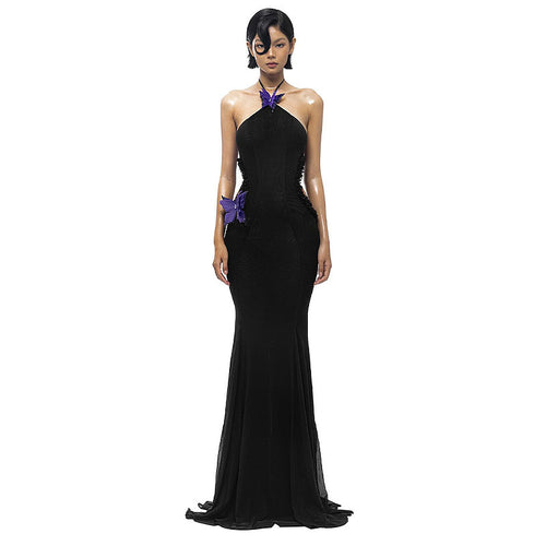 “Nocturnal Monarch” Black Silk Butterfly Illusion Gown