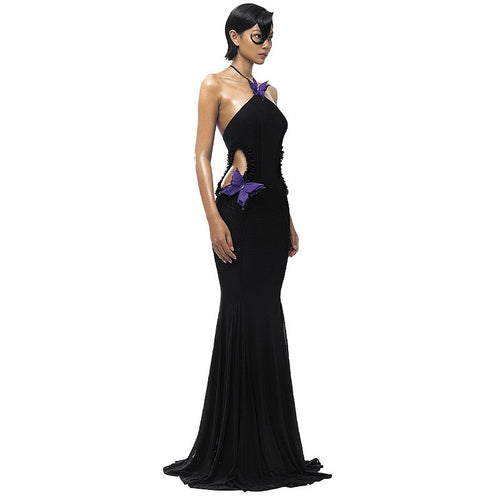 “Nocturnal Monarch” Black Silk Butterfly Illusion Gown