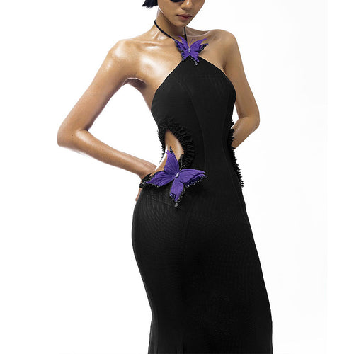 “Nocturnal Monarch” Black Silk Butterfly Illusion Gown