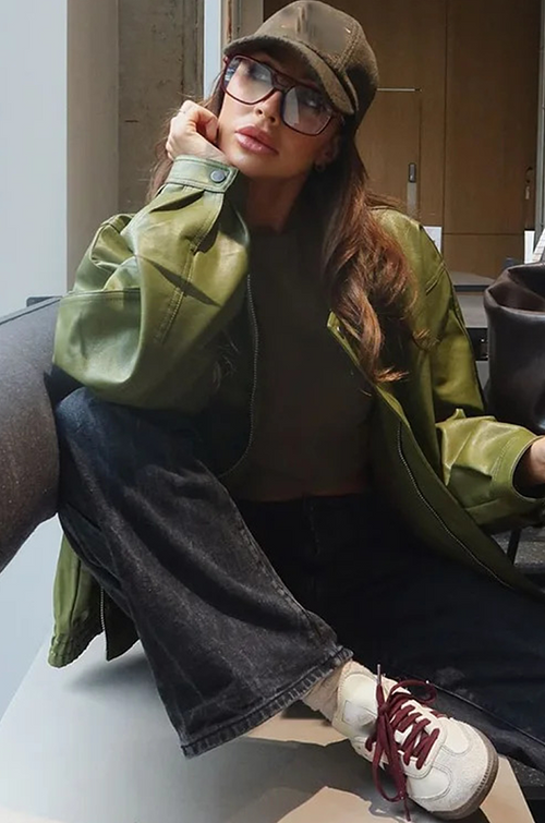 Verdant Élan Leather Bomber Jacket