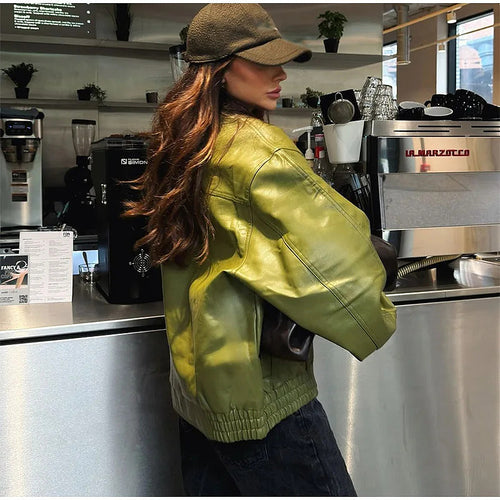 Verdant Élan Leather Bomber Jacket