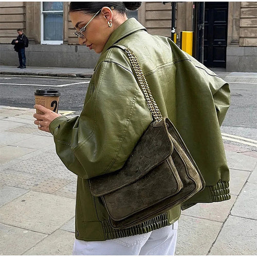 Verdant Élan Leather Bomber Jacket