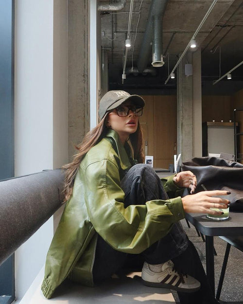 Verdant Élan Leather Bomber Jacket
