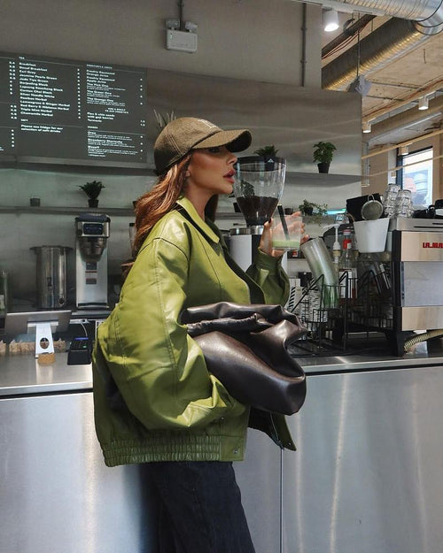 Verdant Élan Leather Bomber Jacket