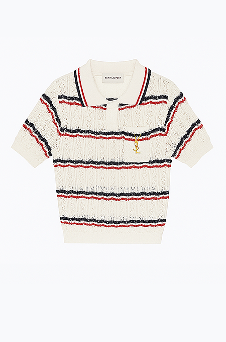 Saint Laurent Paris Heritage Striped Lace Polo Top
