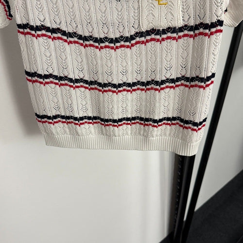 Saint Laurent Paris Heritage Striped Lace Polo Top