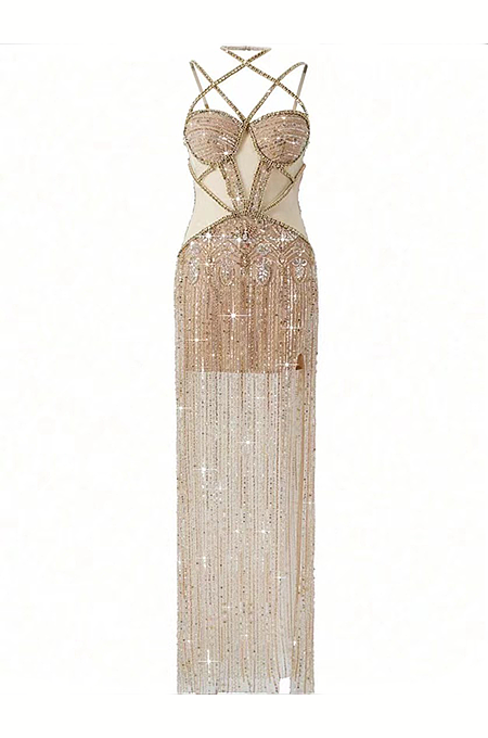 Champagne Illusion Gown with Crystal Fringe & Sculpted Cut-Out Bodice