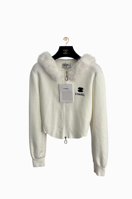Chanel Faux Fur Trim Cropped Zip Hoodie – Ivory (S–L)