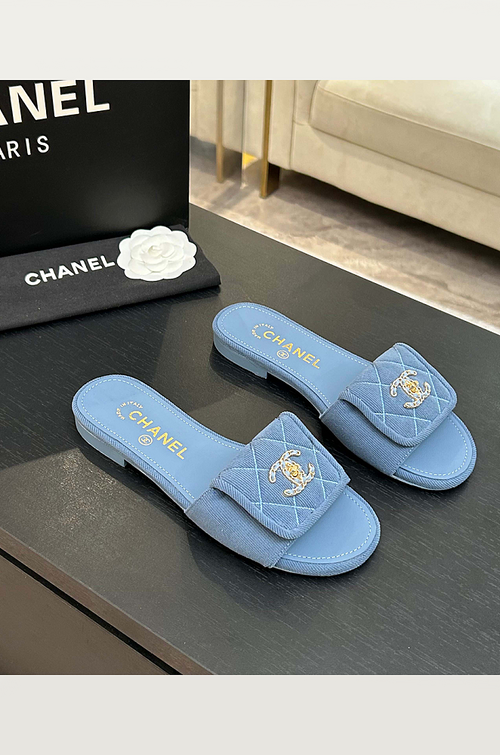 Chanel Quilted Canvas Slides – Bleu Riviera