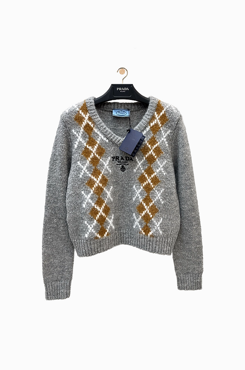 Prada Milano Argyle Luxe Knit V-Neck Sweater – Grey & Navy (S–L)