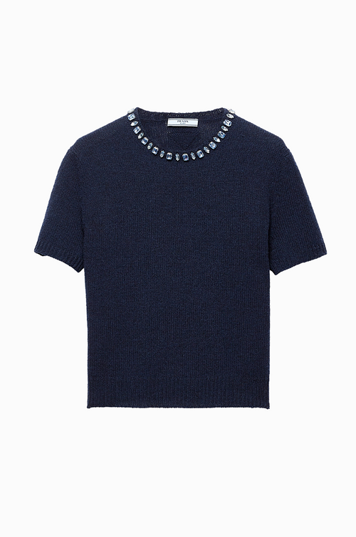Prada Midnight Crystal-Collar Textured Knit Top (S–L)