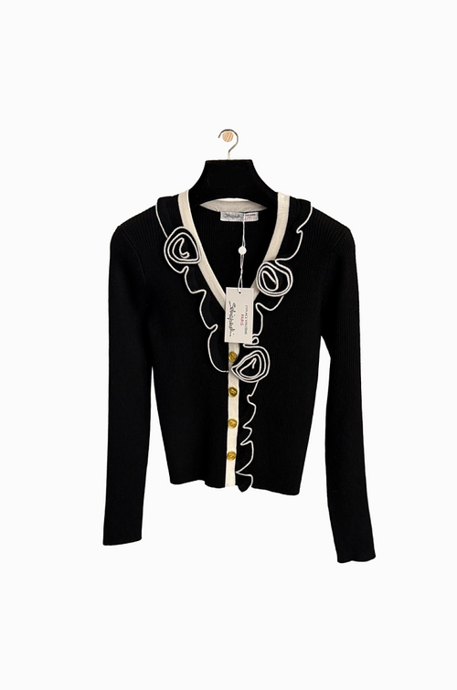 Schiaparelli Rosette Ruffle-Trim Couture Knit Cardigan – Ivory & Noir (One Size