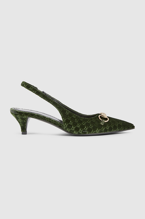 Gucci “Velours Emblem” Monogram Slingback Pumps – Low Heel Elegance