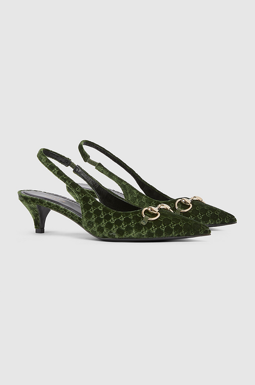 Gucci “Velours Emblem” Monogram Slingback Pumps – Low Heel Elegance