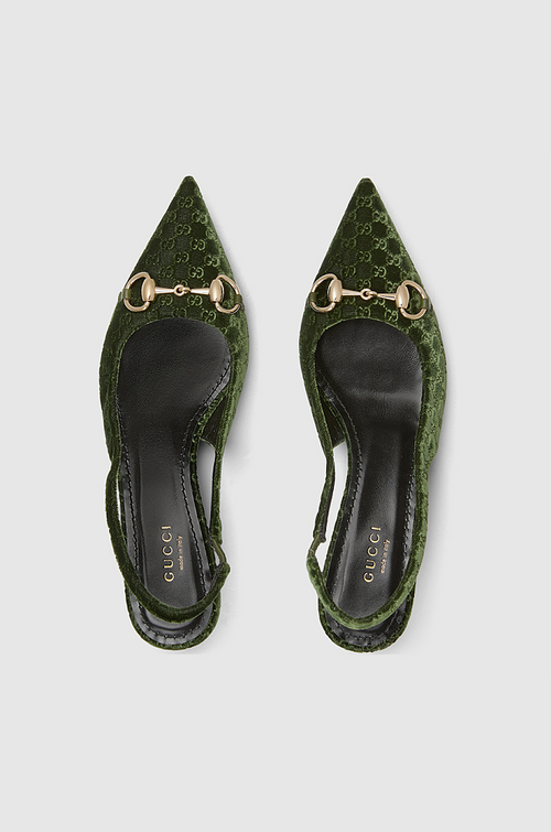Gucci “Velours Emblem” Monogram Slingback Pumps – Low Heel Elegance