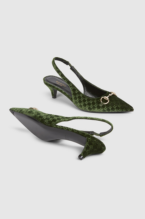 Gucci “Velours Emblem” Monogram Slingback Pumps – Low Heel Elegance