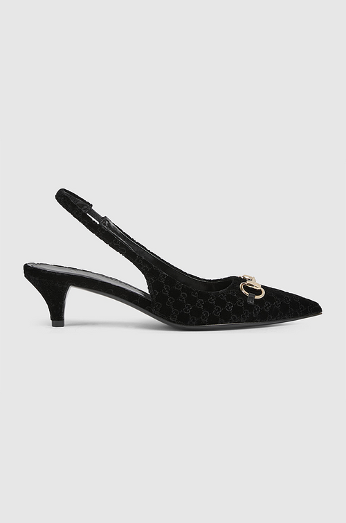 Gucci “Velours Emblem” Monogram Slingback Pumps – Low Heel Elegance