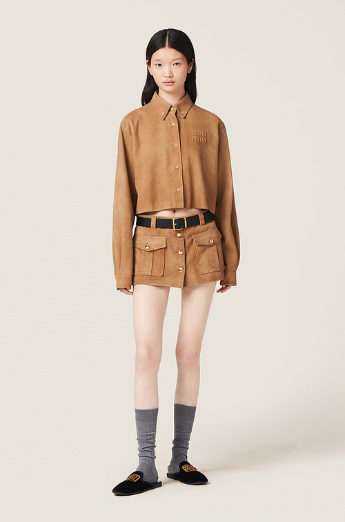 Miu Miu Camel Suede Cropped Shirt