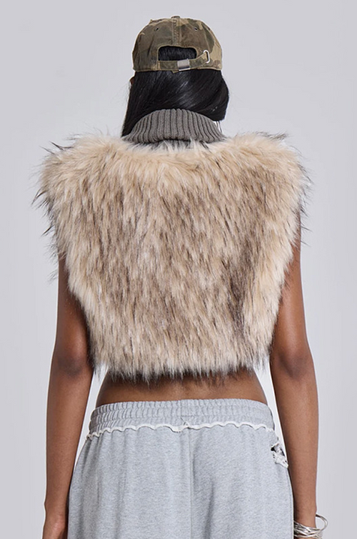 Aspen Luxe Faux Fur Cropped Vest – Taupe Knit Collar Detail