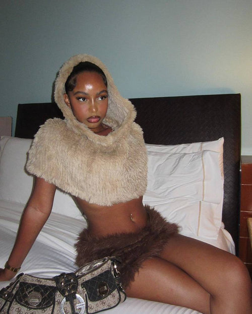 "Sands of St. Moritz” Luxe Faux-Fur Cropped Cape Hoodie