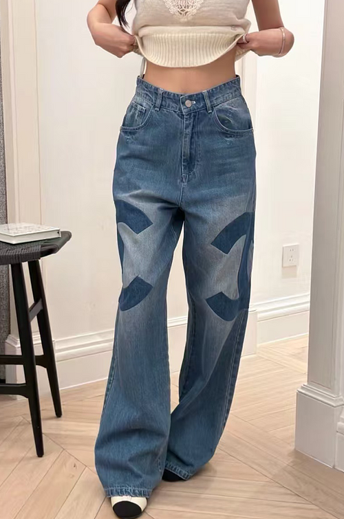 Chanel Oversized CC Monogram Wide-Leg Denim Jeans