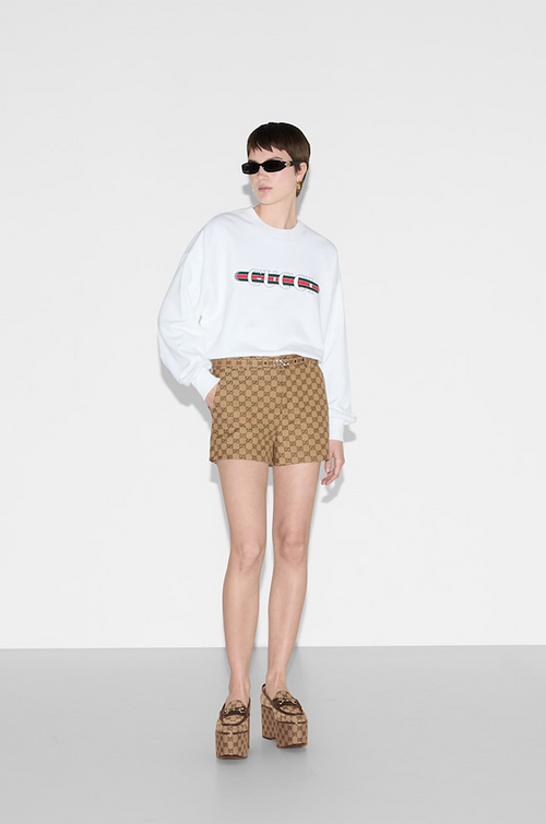 Gucci Cotton Jersey Sweatshirt – White with Red Gucci Print & Stripe
