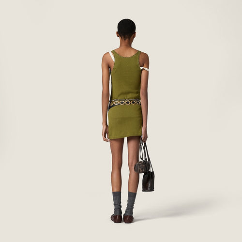 Miu Miu Olive Ribbed Lace-Trim Mini Dress