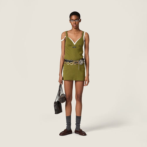 Miu Miu Olive Ribbed Lace-Trim Mini Dress