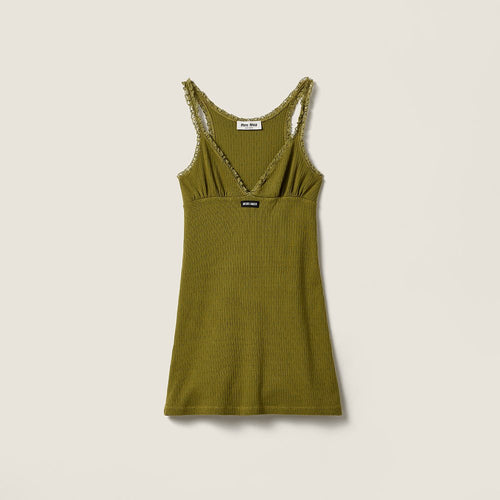 Miu Miu Olive Ribbed Lace-Trim Mini Dress