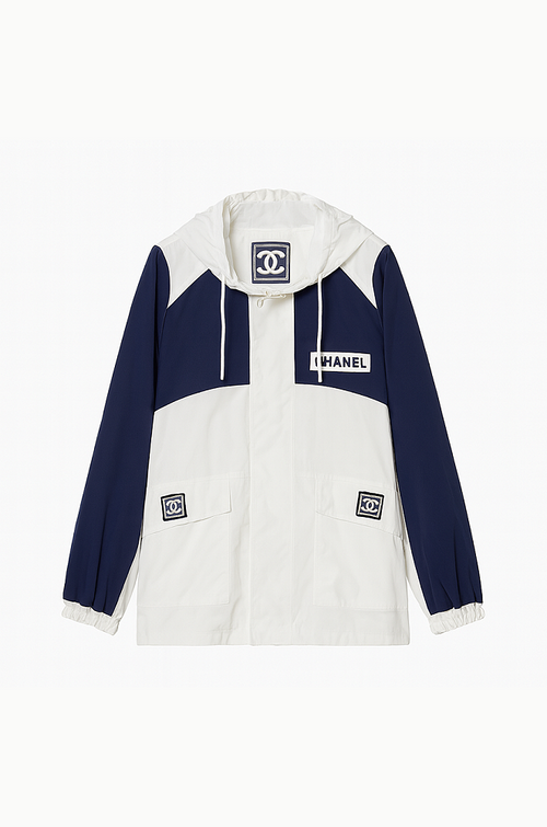 Chanel Monogram Patch Hooded Windbreaker – Navy & White