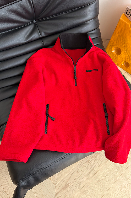 Miu Miu Logo Half-Zip Fleece Pullover in Red