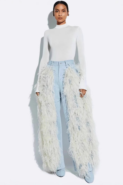 Feather-Embellished Wide-Leg Denim Trousers