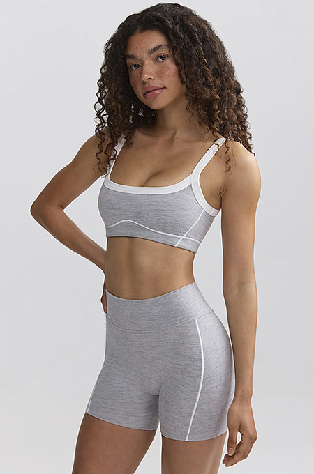 Contour Piped Performance Bra & Biker Short Set — Heather Grey/White (S–XL)